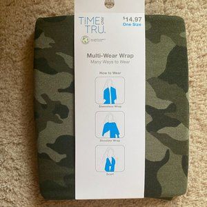 NWT Time And True Multi Wear Wrap, Green Camo, Shoulder Wrap, Sleeveless Wrap